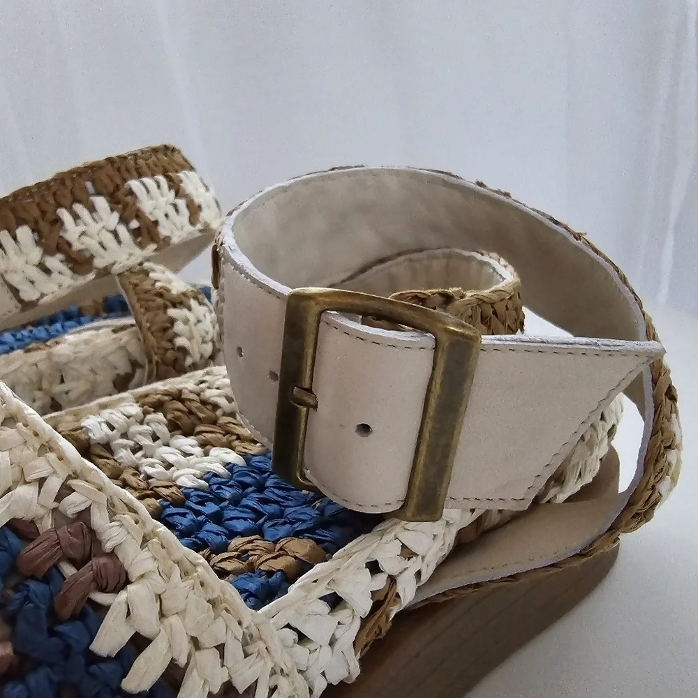 NIB Free People Boho Roma Raffia Sandals Platform Blue Cream Size 6 - Picture 10 of 16